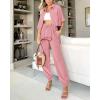 imageBTFBM Womens 2025 Summer 2 Piece Outfits Tracksuit Short Sleeve Cropped Button Down Shirt Long Pant Lounge Matching SetPink