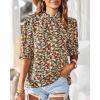 imageBTFBM Womens Summer Boho Shirt Top Ruffle Short Sleeve Frill Trim Mock Neck Floral Solid 2025 Casual Blouses Shirts TopsFloral Navy