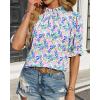 imageBTFBM Womens Summer Boho Shirt Top Ruffle Short Sleeve Frill Trim Mock Neck Floral Solid 2025 Casual Blouses Shirts TopsFloral Pink Blue