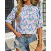 imageBTFBM Womens Summer Boho Shirt Top Ruffle Short Sleeve Frill Trim Mock Neck Floral Solid 2025 Casual Blouses Shirts TopsFloral Pink Blue
