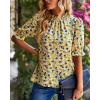 imageBTFBM Womens Summer Boho Shirt Top Ruffle Short Sleeve Frill Trim Mock Neck Floral Solid 2025 Casual Blouses Shirts TopsFloral Yellow