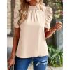 imageBTFBM Womens Summer Boho Shirt Top Ruffle Short Sleeve Frill Trim Mock Neck Floral Solid 2025 Casual Blouses Shirts TopsSolid Beige