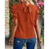 imageBTFBM Womens Summer Boho Shirt Top Ruffle Short Sleeve Frill Trim Mock Neck Floral Solid 2025 Casual Blouses Shirts TopsSolid Brick Red