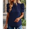 imageBTFBM Womens Summer Boho Shirt Top Ruffle Short Sleeve Frill Trim Mock Neck Floral Solid 2025 Casual Blouses Shirts TopsSolid Navy