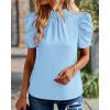 imageBTFBM Womens Summer Boho Shirt Top Ruffle Short Sleeve Frill Trim Mock Neck Floral Solid 2025 Casual Blouses Shirts TopsSolid Sky Blue
