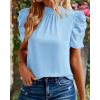 imageBTFBM Womens Summer Boho Shirt Top Ruffle Short Sleeve Frill Trim Mock Neck Floral Solid 2025 Casual Blouses Shirts TopsSolid Sky Blue