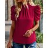 imageBTFBM Womens Summer Boho Shirt Top Ruffle Short Sleeve Frill Trim Mock Neck Floral Solid 2025 Casual Blouses Shirts TopsSolid Wine Red