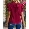 imageBTFBM Womens Summer Boho Shirt Top Ruffle Short Sleeve Frill Trim Mock Neck Floral Solid 2025 Casual Blouses Shirts TopsSolid Wine Red