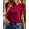 imageBTFBM Womens Summer Boho Shirt Top Ruffle Short Sleeve Frill Trim Mock Neck Floral Solid 2025 Casual Blouses Shirts TopsSolid Wine Red