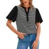 imageBTFBM 2025 Womens Summer Puff Short Sleeve Tops V Neck Casual Button Up Striped Tee Shirts Loose Color Block BlouseBlack