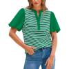 imageBTFBM 2025 Womens Summer Puff Short Sleeve Tops V Neck Casual Button Up Striped Tee Shirts Loose Color Block BlouseGreen