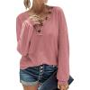 imageBTFBM Women Long Sleeve Shirts Fall Fashion 2025 V Neck Loose Casual Blouse Deco Button Lightweight Waffle Knit PulloverRose Pink
