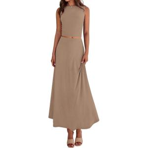 imageBTFBM 2 Piece Skirt Sets For Women 2025 Summer Spring Dresses Resort Vacation Curise Outfits Tank Top Maxi Skirt SetKhaki