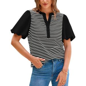 imageBTFBM 2025 Womens Summer Puff Short Sleeve Tops V Neck Casual Button Up Striped Tee Shirts Loose Color Block BlouseBlack