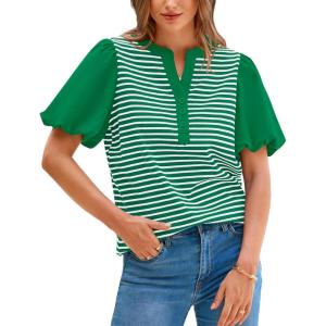 imageBTFBM 2025 Womens Summer Puff Short Sleeve Tops V Neck Casual Button Up Striped Tee Shirts Loose Color Block BlouseGreen