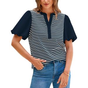 imageBTFBM 2025 Womens Summer Puff Short Sleeve Tops V Neck Casual Button Up Striped Tee Shirts Loose Color Block BlouseNavy