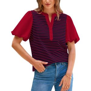 imageBTFBM 2025 Womens Summer Puff Short Sleeve Tops V Neck Casual Button Up Striped Tee Shirts Loose Color Block BlouseRed