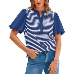 imageBTFBM 2025 Womens Summer Puff Short Sleeve Tops V Neck Casual Button Up Striped Tee Shirts Loose Color Block BlouseRoyal Blue