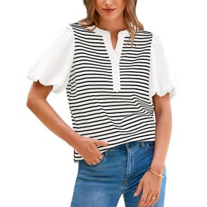 imageBTFBM 2025 Womens Summer Puff Short Sleeve Tops V Neck Casual Button Up Striped Tee Shirts Loose Color Block BlouseWhite