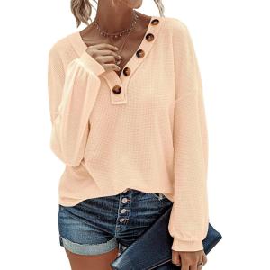 imageBTFBM Women Long Sleeve Shirts Fall Fashion 2025 V Neck Loose Casual Blouse Deco Button Lightweight Waffle Knit PulloverApricot