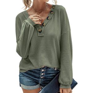 imageBTFBM Women Long Sleeve Shirts Fall Fashion 2025 V Neck Loose Casual Blouse Deco Button Lightweight Waffle Knit PulloverArmy Green
