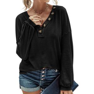 imageBTFBM Women Long Sleeve Shirts Fall Fashion 2025 V Neck Loose Casual Blouse Deco Button Lightweight Waffle Knit PulloverBlack