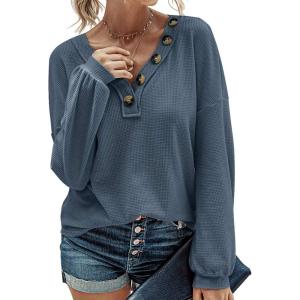 imageBTFBM Women Long Sleeve Shirts Fall Fashion 2025 V Neck Loose Casual Blouse Deco Button Lightweight Waffle Knit PulloverBlue