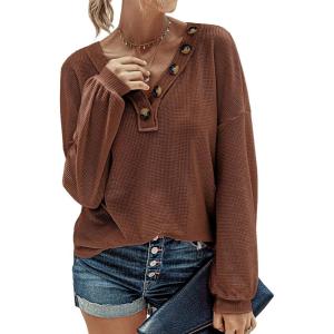 imageBTFBM Women Long Sleeve Shirts Fall Fashion 2025 V Neck Loose Casual Blouse Deco Button Lightweight Waffle Knit PulloverBrown