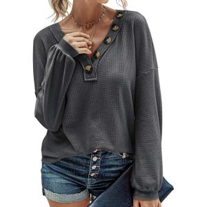 imageBTFBM Women Long Sleeve Shirts Fall Fashion 2025 V Neck Loose Casual Blouse Deco Button Lightweight Waffle Knit PulloverDark Grey