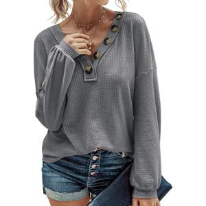 imageBTFBM Women Long Sleeve Shirts Fall Fashion 2025 V Neck Loose Casual Blouse Deco Button Lightweight Waffle Knit PulloverLight Grey