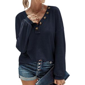 imageBTFBM Women Long Sleeve Shirts Fall Fashion 2025 V Neck Loose Casual Blouse Deco Button Lightweight Waffle Knit PulloverNavy