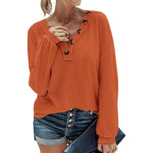 imageBTFBM Women Long Sleeve Shirts Fall Fashion 2025 V Neck Loose Casual Blouse Deco Button Lightweight Waffle Knit PulloverOrange