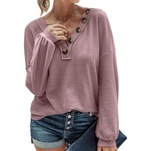 imageBTFBM Women Long Sleeve Shirts Fall Fashion 2025 V Neck Loose Casual Blouse Deco Button Lightweight Waffle Knit PulloverPink