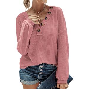 imageBTFBM Women Long Sleeve Shirts Fall Fashion 2025 V Neck Loose Casual Blouse Deco Button Lightweight Waffle Knit PulloverRose Pink