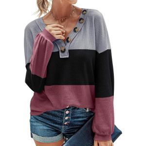 imageBTFBM Women Long Sleeve Shirts Fall Fashion 2025 V Neck Loose Casual Blouse Deco Button Lightweight Waffle Knit PulloverStripe Black