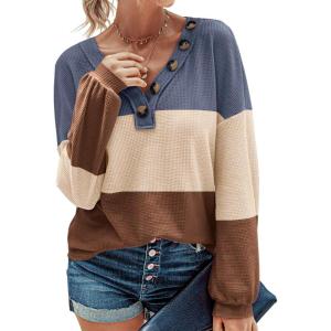 imageBTFBM Women Long Sleeve Shirts Fall Fashion 2025 V Neck Loose Casual Blouse Deco Button Lightweight Waffle Knit PulloverStripe Blue