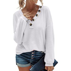 imageBTFBM Women Long Sleeve Shirts Fall Fashion 2025 V Neck Loose Casual Blouse Deco Button Lightweight Waffle Knit PulloverWhite