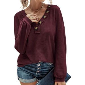 imageBTFBM Women Long Sleeve Shirts Fall Fashion 2025 V Neck Loose Casual Blouse Deco Button Lightweight Waffle Knit PulloverWine Red
