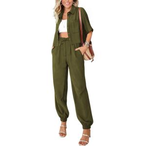 imageBTFBM Womens 2025 Summer 2 Piece Outfits Tracksuit Short Sleeve Cropped Button Down Shirt Long Pant Lounge Matching SetArmy Green