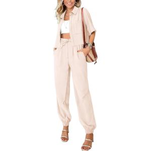 imageBTFBM Womens 2025 Summer 2 Piece Outfits Tracksuit Short Sleeve Cropped Button Down Shirt Long Pant Lounge Matching SetBeige