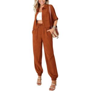 imageBTFBM Womens 2025 Summer 2 Piece Outfits Tracksuit Short Sleeve Cropped Button Down Shirt Long Pant Lounge Matching SetBrick Red