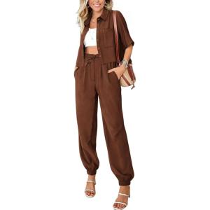 imageBTFBM Womens 2025 Summer 2 Piece Outfits Tracksuit Short Sleeve Cropped Button Down Shirt Long Pant Lounge Matching SetBrown