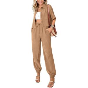 imageBTFBM Womens 2025 Summer 2 Piece Outfits Tracksuit Short Sleeve Cropped Button Down Shirt Long Pant Lounge Matching SetKhaki