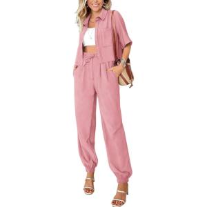 imageBTFBM Womens 2025 Summer 2 Piece Outfits Tracksuit Short Sleeve Cropped Button Down Shirt Long Pant Lounge Matching SetPink
