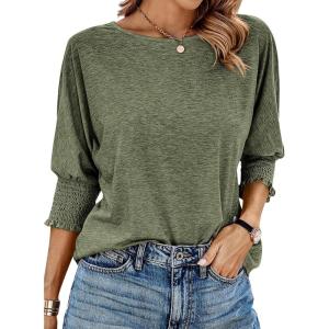 imageBTFBM Womens Casual 34 Sleeve Tops Dressy 2025 Summer Fall T Shirts Crewneck Loose Tunic Vacation BlousesSolid Army Green