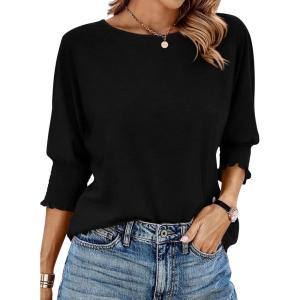 imageBTFBM Womens Casual 34 Sleeve Tops Dressy 2025 Summer Fall T Shirts Crewneck Loose Tunic Vacation BlousesSolid Black