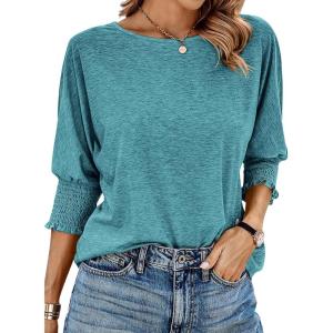 imageBTFBM Womens Casual 34 Sleeve Tops Dressy 2025 Summer Fall T Shirts Crewneck Loose Tunic Vacation BlousesSolid Lake Blue