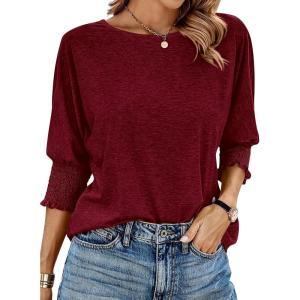imageBTFBM Womens Casual 34 Sleeve Tops Dressy 2025 Summer Fall T Shirts Crewneck Loose Tunic Vacation BlousesSolid Wine Red