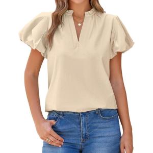 imageBTFBM Womens Spring Summer Tops Dressy Casual 2025 Trendy V Neck Puff Short Sleeve Cute Shirts Business Work BlousesApricot