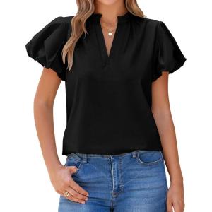 imageBTFBM Womens Spring Summer Tops Dressy Casual 2025 Trendy V Neck Puff Short Sleeve Cute Shirts Business Work BlousesBlack